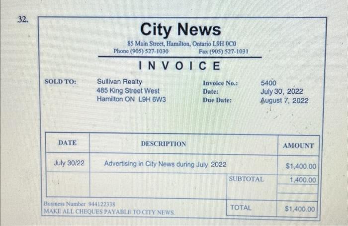 32. City News ( begin{array}{llll}text { SOLD TO: } & text { Sullivan Realty } & text { Invoice No.: } & 5400  & 485 