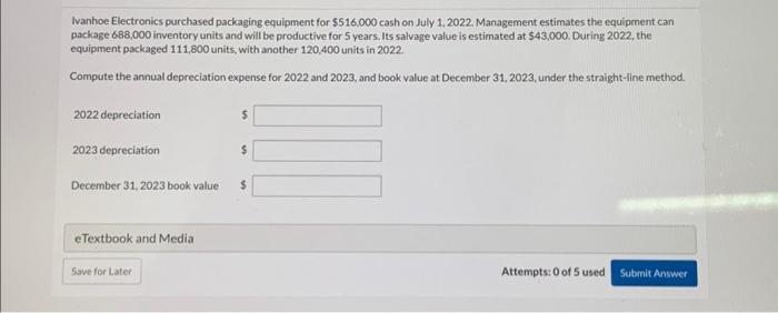 Ivanhoe Electronics purchased packaging equipment for ( $ 516,000 ) cash on July 1, 2022. Management estimates the equipme