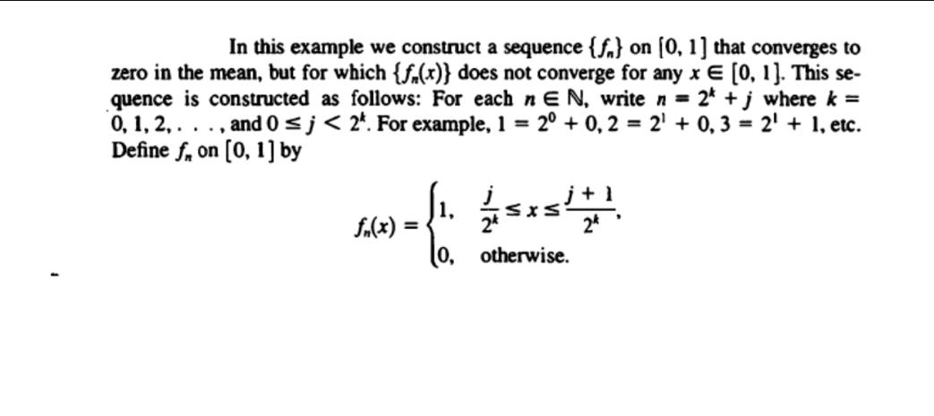 In this example we construct a sequence {f} on [0, 1] that converges to zero in the mean, but for which