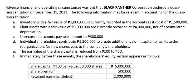 Adverse financial and operating circumstances warrant that BLACK PANTHER Corporation undergo a quasi-