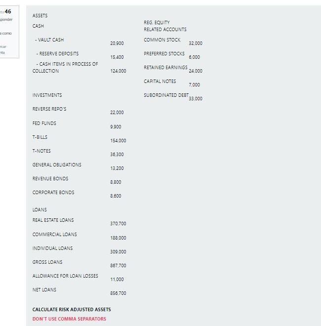 46 ponder como ta ASSETS CASH - VAULT CASH - RESERVE DEPOSITS - CASH ITEMS IN PROCESS OF COLLECTION