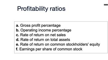 Profitability ratios a. Gross profit percentage b. Operating income percentage c. Rate of return on net sales