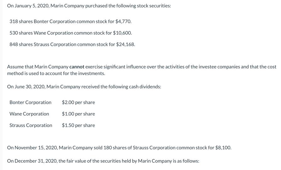On January 5, 2020, Marin Company purchased the following stock securities: 318 shares Bonter Corporation