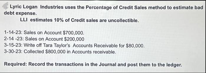 Lyric Logan Industries uses the Percentage of Credit Sales method to estimate bad debt expense. LLI estimates