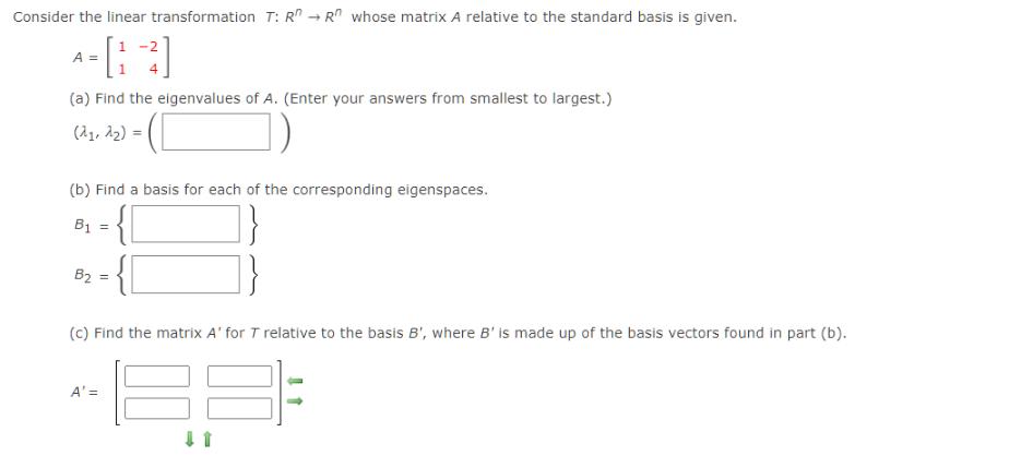 Consider the linear transformation T: RR whose matrix A relative to the standard basis is given. A ^= [1 -2]