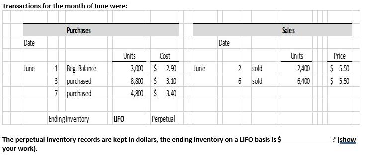 Transactions for the month of June were: Date June Purchases 1 Beg. Balance 3 7 purchased purchased Units