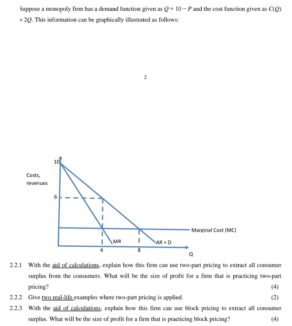 Suppose a monopoly firm has a demand function given as Q = 10-P and the cost function given as C(Q) = 20.