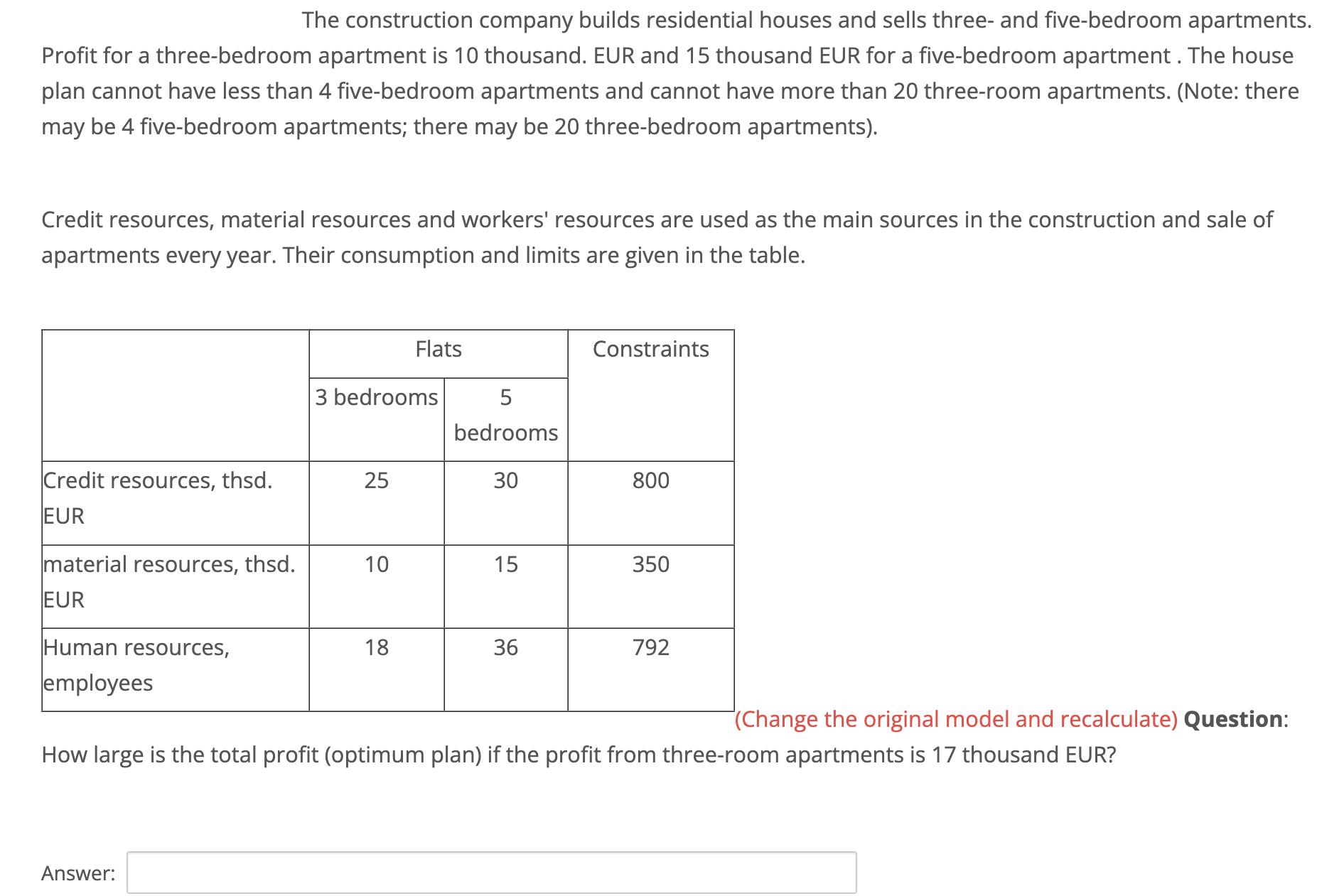 The construction company builds residential houses and sells three- and five-bedroom apartments. Profit for a