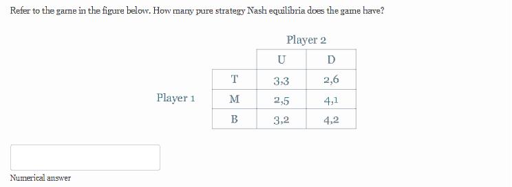 Refer to the game in the figure below. How many pure strategy Nash equilbria does the game have? Numerical