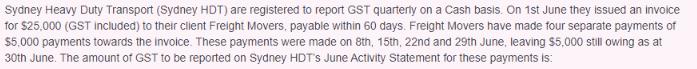 Sydney Heavy Duty Transport (Sydney HDT) are registered to report GST quarterly on a Cash basis. On 1st June