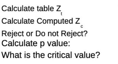 Calculate table Z t Calculate Computed Z C Reject or Do not Reject? Calculate p value: What is the critical