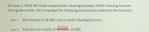 On June 1, 2018, Bill Smith established a cleaning business, Smith Cleaning Services. During the month, Bill