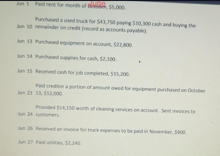Jun 1 Paid rent for month of October, $5,000. Purchased a used truck for $43,750 paying $10,300 cash and