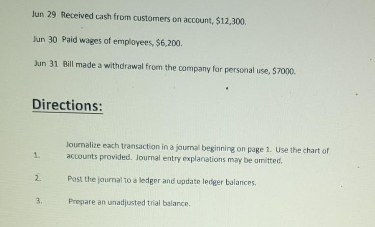 Jun 29 Received cash from customers on account, $12,300. Jun 30 Paid wages of employees, $6,200. Jun 31 Bill