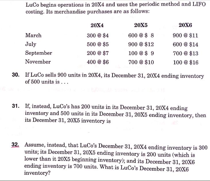 LuCo begins operations in 20X4 and uses the periodic method and LIFO costing. Its merchandise purchases are