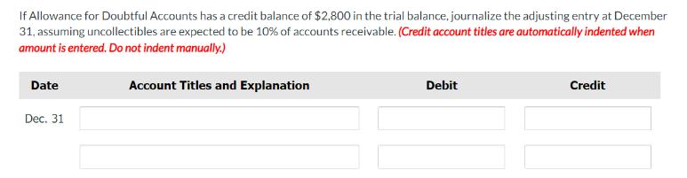 If Allowance for Doubtful Accounts has a credit balance of $2,800 in the trial balance, journalize the