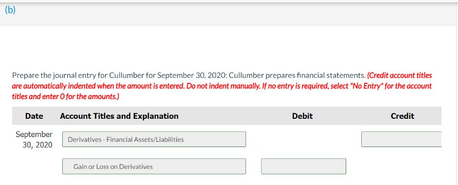 (b) Prepare the journal entry for Cullumber for September 30, 2020: Cullumber prepares financial statements.