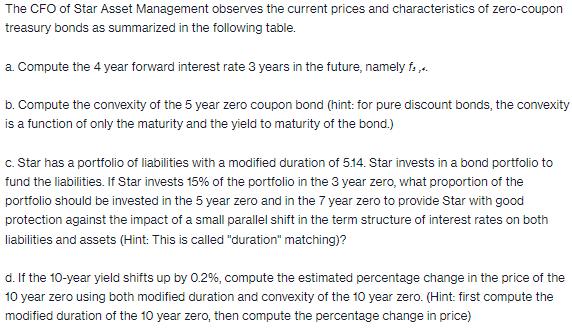 The CFO of Star Asset Management observes the current prices and characteristics of zero-coupon treasury