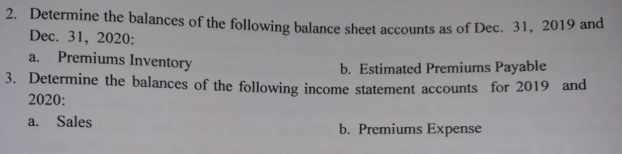 2. Determine the balances of the following balance sheet accounts as of Dec. 31, 2019 and Dec. 31, 2020: a.