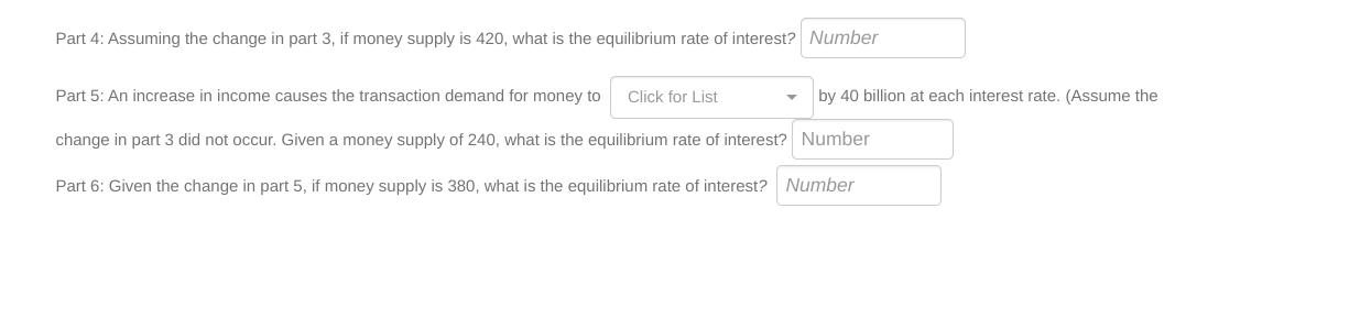 Part 4: Assuming the change in part 3, if money supply is 420, what is the equilibrium rate of interest?