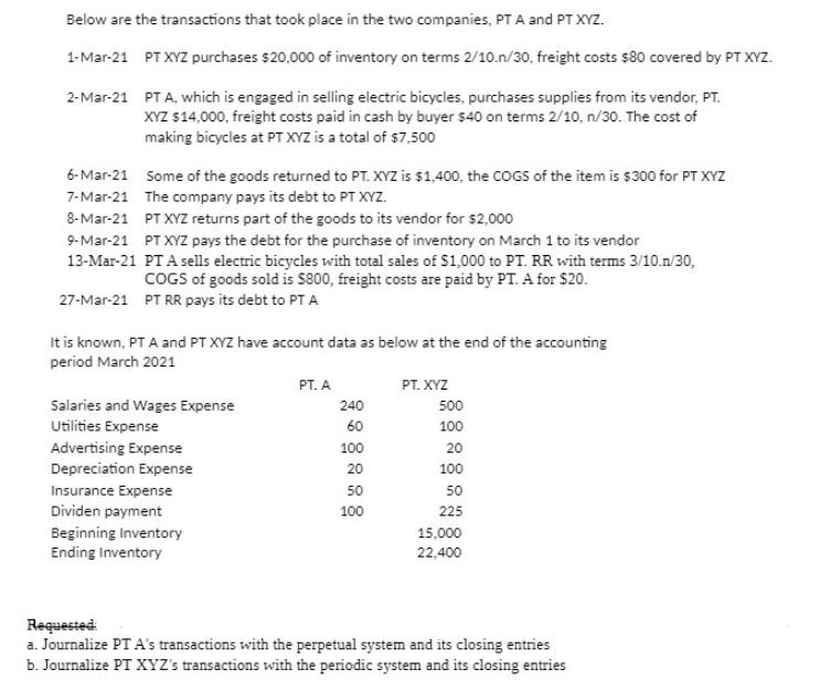 Below are the transactions that took place in the two companies, PT A and PT XYZ. 1-Mar-21 PT XYZ purchases