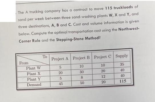 The A trucking company has a contract to move 115 truckloads of sand per week between three sand-washing