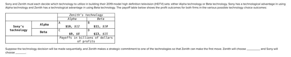 Sony and Zenith must each decide which technology to utilize in building their 2019 model high definition