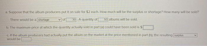 a. Suppose that the album producers put it on sale for $2 each. How much will be the surplus or shortage? How