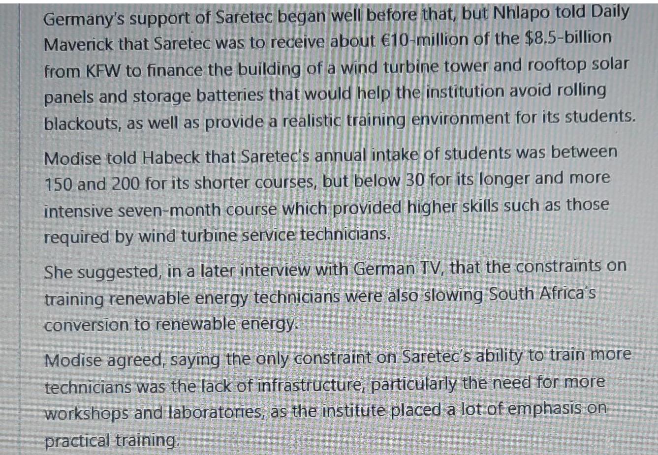 Germany's support of Saretec began well before that, but Nhlapo told Daily Maverick that Saretec was to