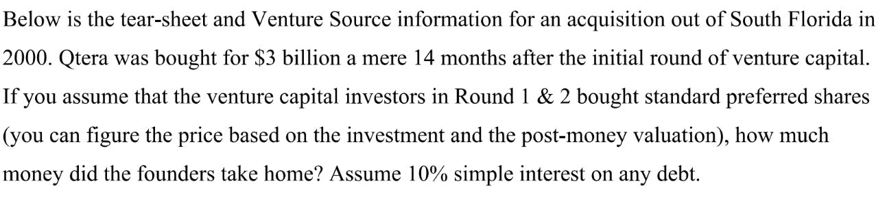 Below is the tear-sheet and Venture Source information for an acquisition out of South Florida in 2000. Qtera
