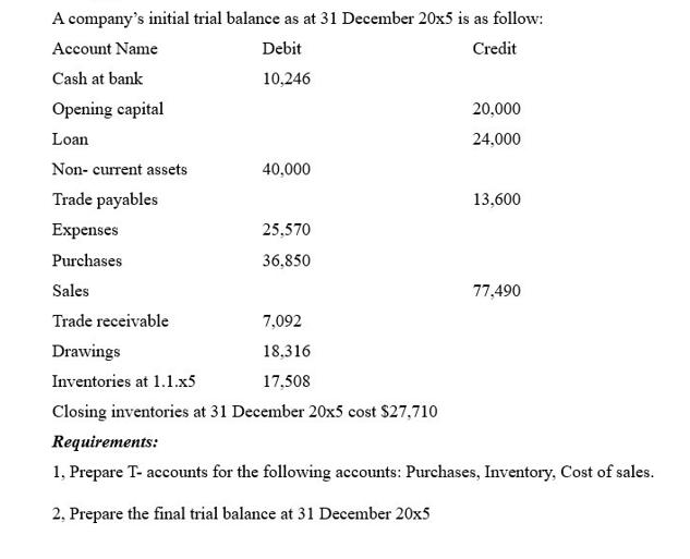 A company's initial trial balance as at 31 December 20x5 is as follow: Debit Credit 10,246 Account Name Cash
