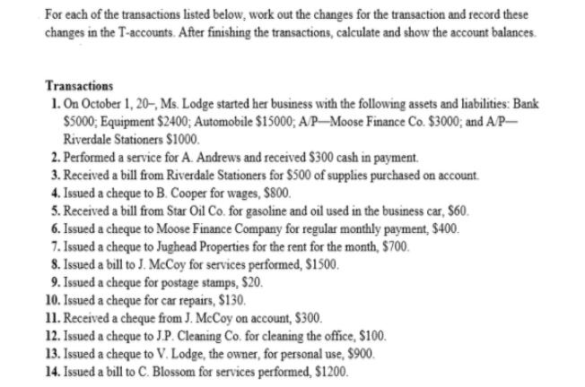 For each of the transactions listed below, work out the changes for the transaction and record these changes
