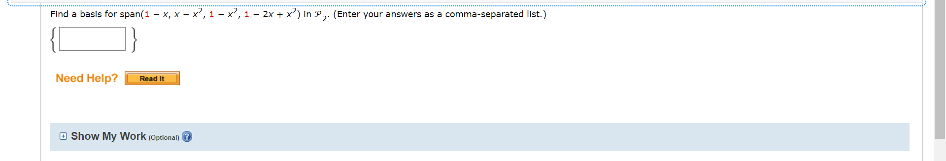 Find a basis for span(1 x, x x, 1 x, 1 2x