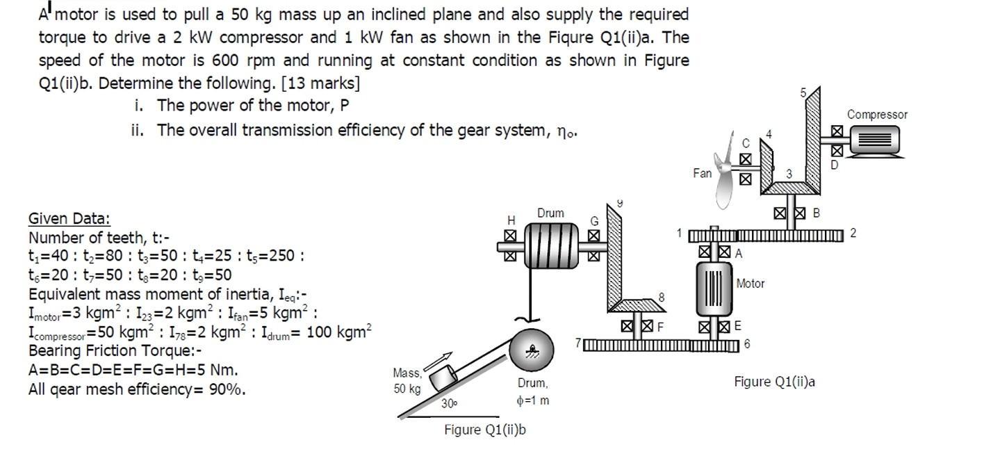 A motor is used to pull a 50 kg mass up an inclined plane and also supply the required torque to drive a 2 kW
