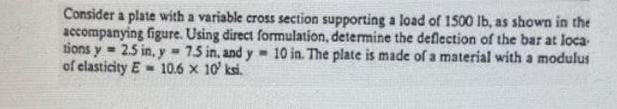 Consider a plate with a variable cross section supporting a load of 1500 lb, as shown in the accompanying