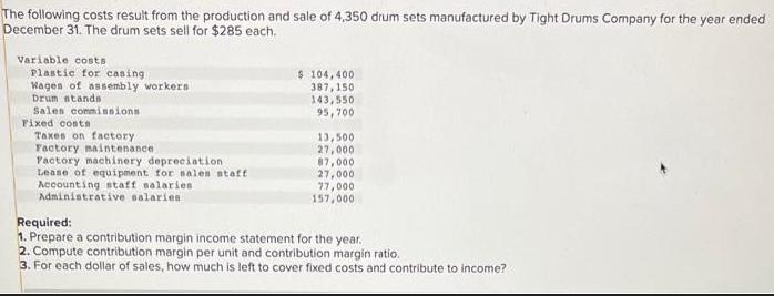 The following costs result from the production and sale of 4,350 drum sets manufactured by Tight Drums