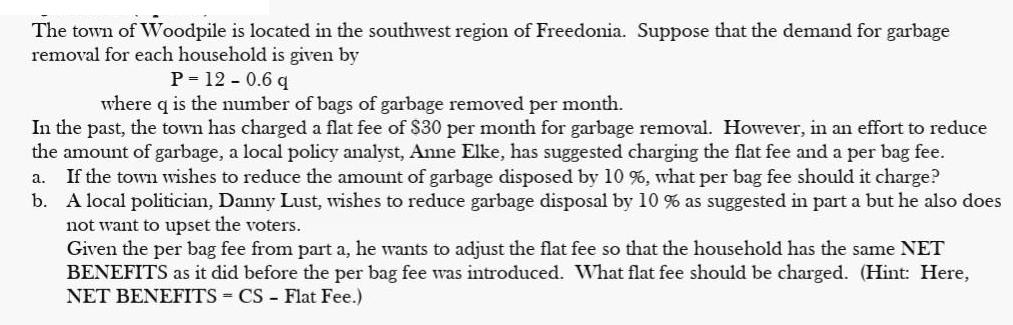 The town of Woodpile is located in the southwest region of Freedonia. Suppose that the demand for garbage