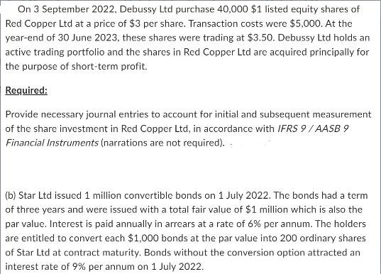 On 3 September 2022, Debussy Ltd purchase 40,000 $1 listed equity shares of Red Copper Ltd at a price of $3