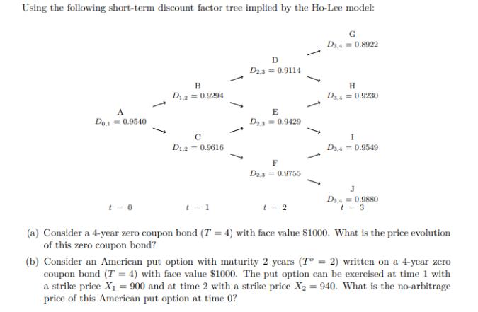 Using the following short-term discount factor tree implied by the Ho-Lee model: A Do, 0.9540 t = 0 B D,2 =