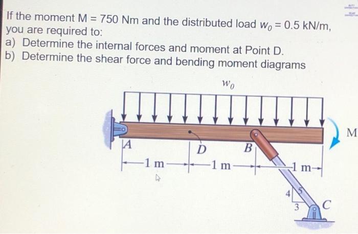If the moment M = 750 Nm and the distributed load wo = 0.5 kN/m, you are required to: a) Determine the