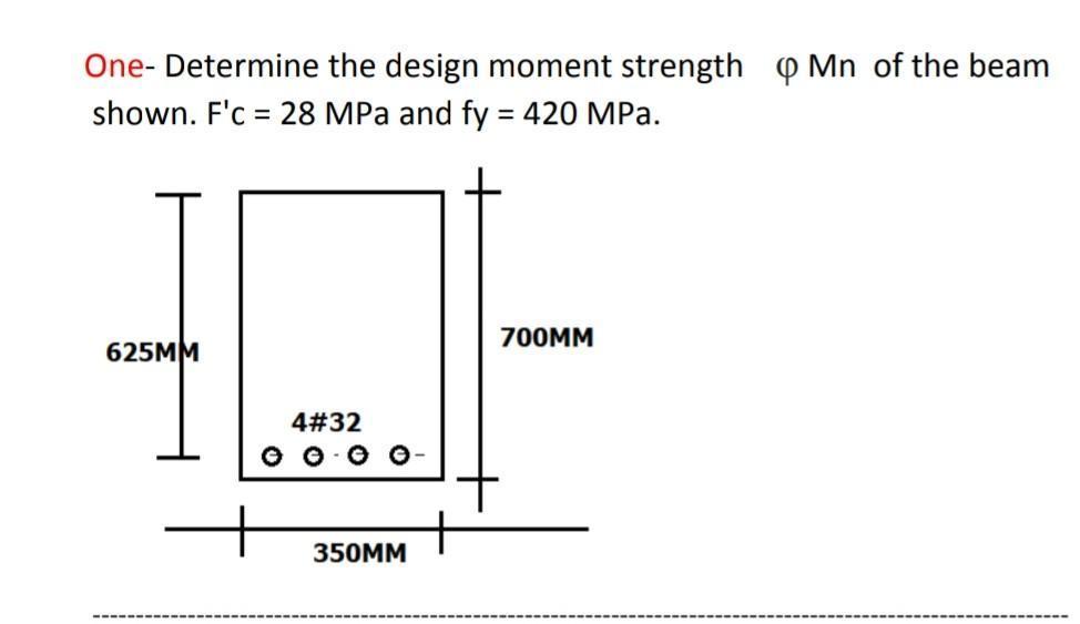 One-Determine the design moment strength Mn of the beam shown. F'c = 28 MPa and fy = 420 MPa. 625MM 4#32 O