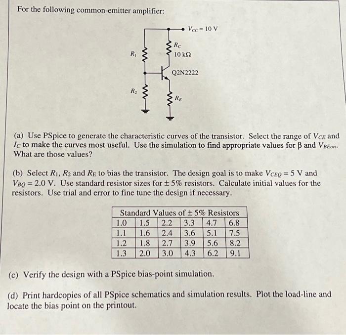 For the following common-emitter amplifier: R R ww www Vcc= 10 V Rc 10 km2 Q2N2222 RE 1.0 1.1 1.2 1.8 1.3 (a)