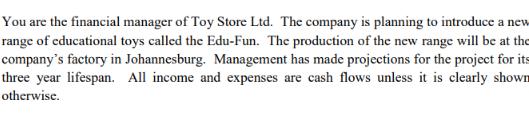 You are the financial manager of Toy Store Ltd. The company is planning to introduce a new range of