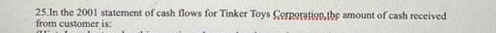 25.In the 2001 statement of cash flows for Tinker Toys Corporation, the amount of cash received from customer
