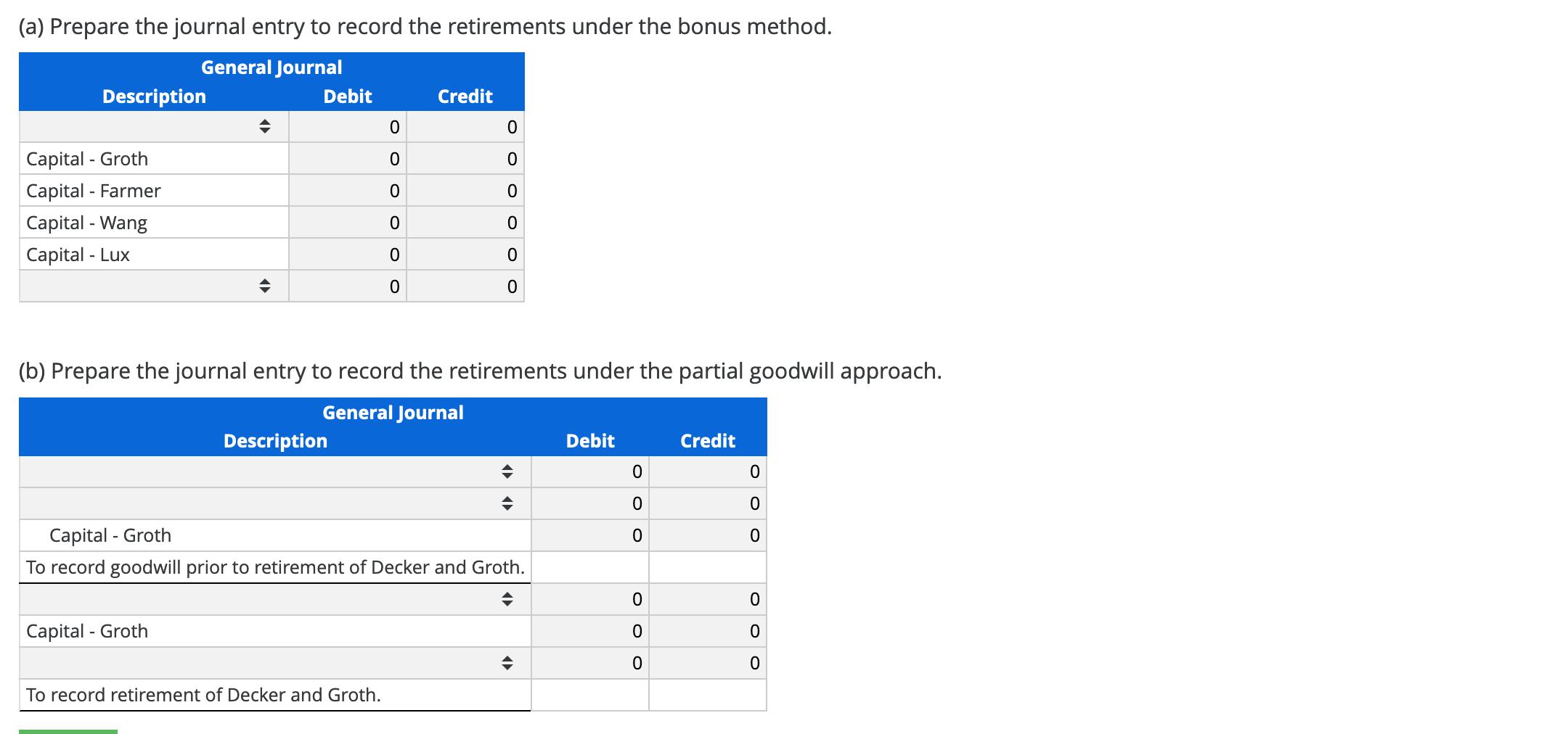 (a) Prepare the journal entry to record the retirements under the bonus method. General Journal Description