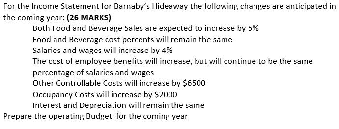 For the Income Statement for Barnaby's Hideaway the following changes are anticipated in the coming year: (26