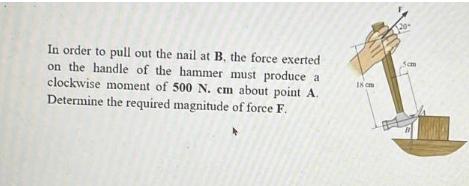 In order to pull out the nail at B, the force exerted on the handle of the hammer must produce a clockwise