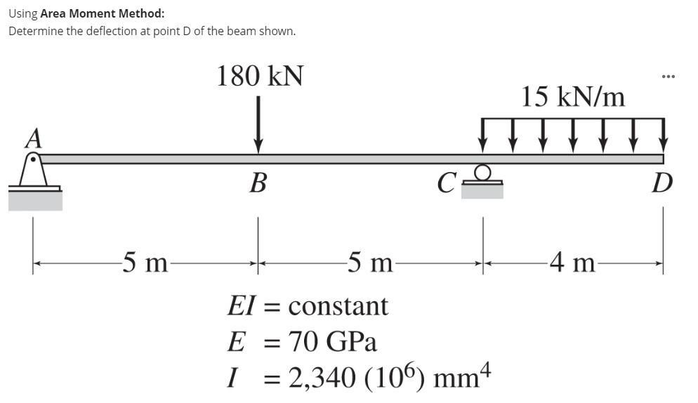 Using Area Moment Method: Determine the deflection at point D of the beam shown. -5 m- 180 kN B C -5 m- EI=