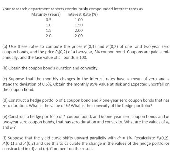 Your research department reports continuously compounded interest rates as Maturity (Years) Interest Rate (%)