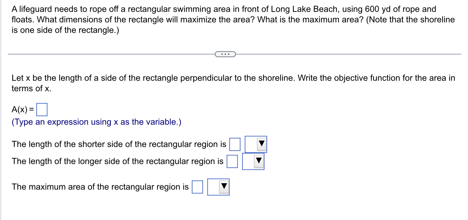 A lifeguard needs to rope off a rectangular swimming area in front